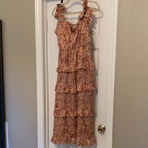 Peach Love California Floral Ruffle Midi Dress - Orange and Cream